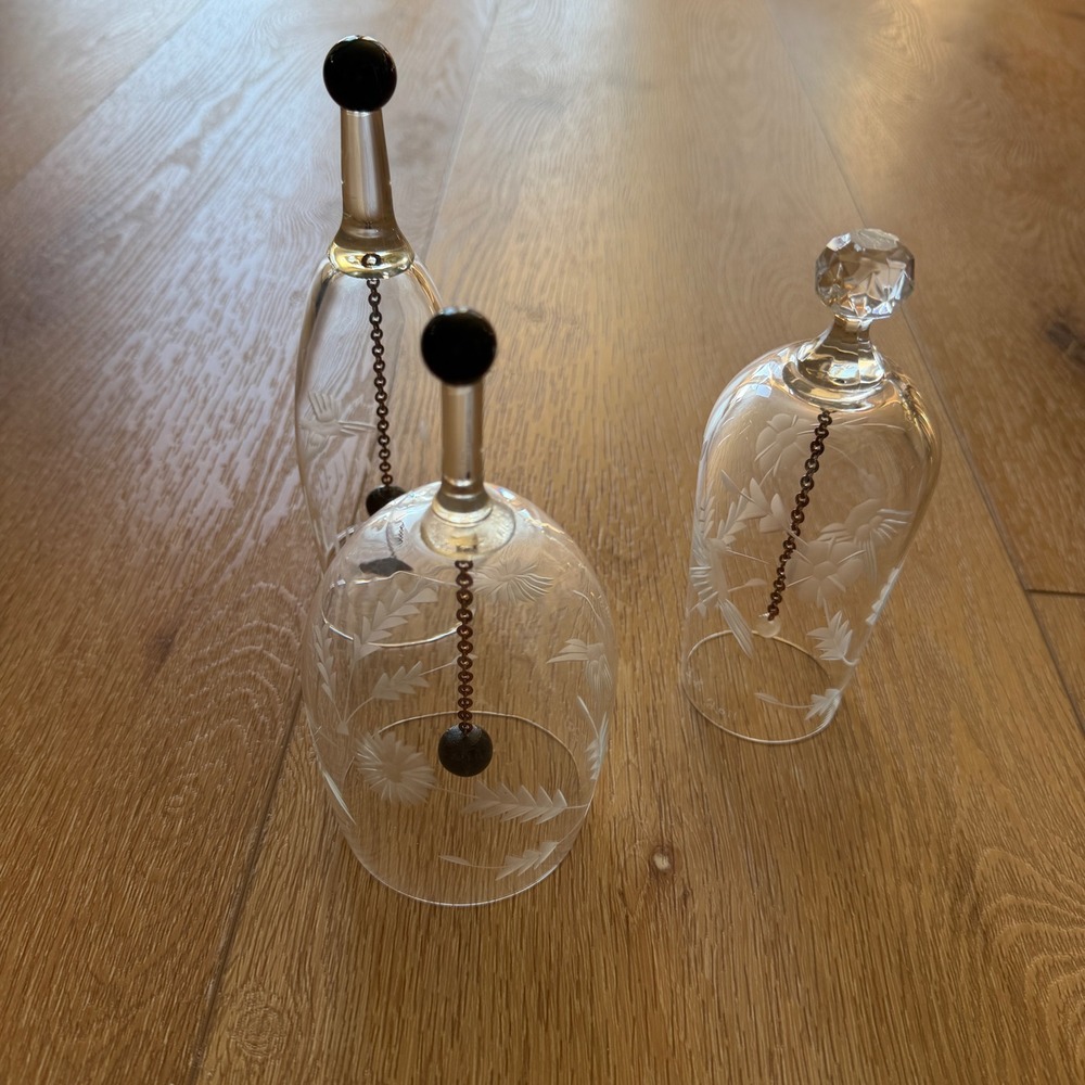 Set of 3 Hand Etched Crystal Glass Bells Hummingbird Floral Signed Dated 2011